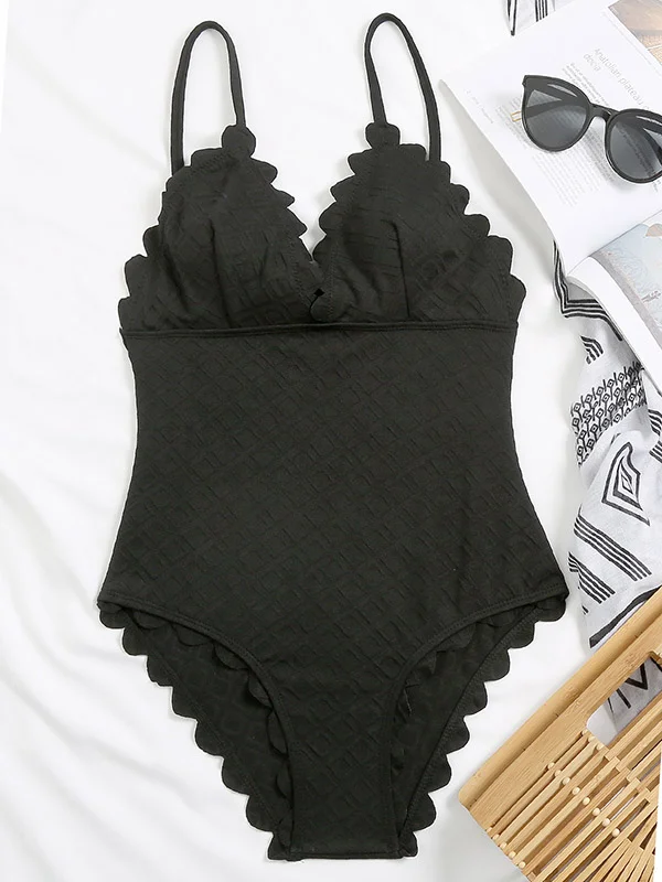 Solid Color Lace Spaghetti-Neck One-Piece Swimwear 
