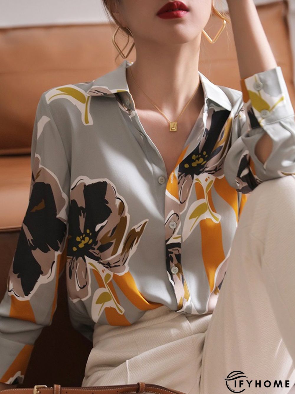 Elegant Floral Shirt Collar Long Sleeve Blouse | IFYHOME