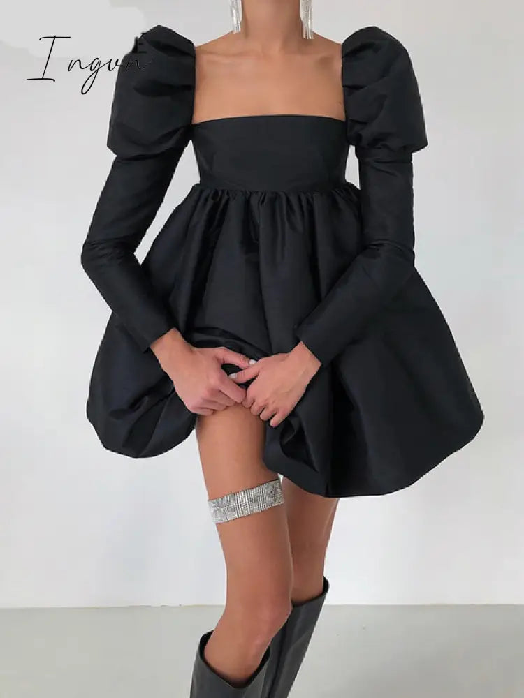 Ingvn - Elegant Party Dress For Women Sexy Backless Mini Long Sleeve Pleated Ball Gown Puffy