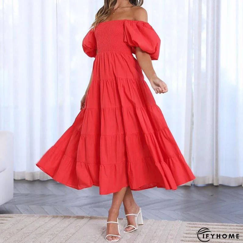 Summer Women's Fashion Loose Off Shoulder Puff Sleeve A-Line Midi Dress | IFYHOME
