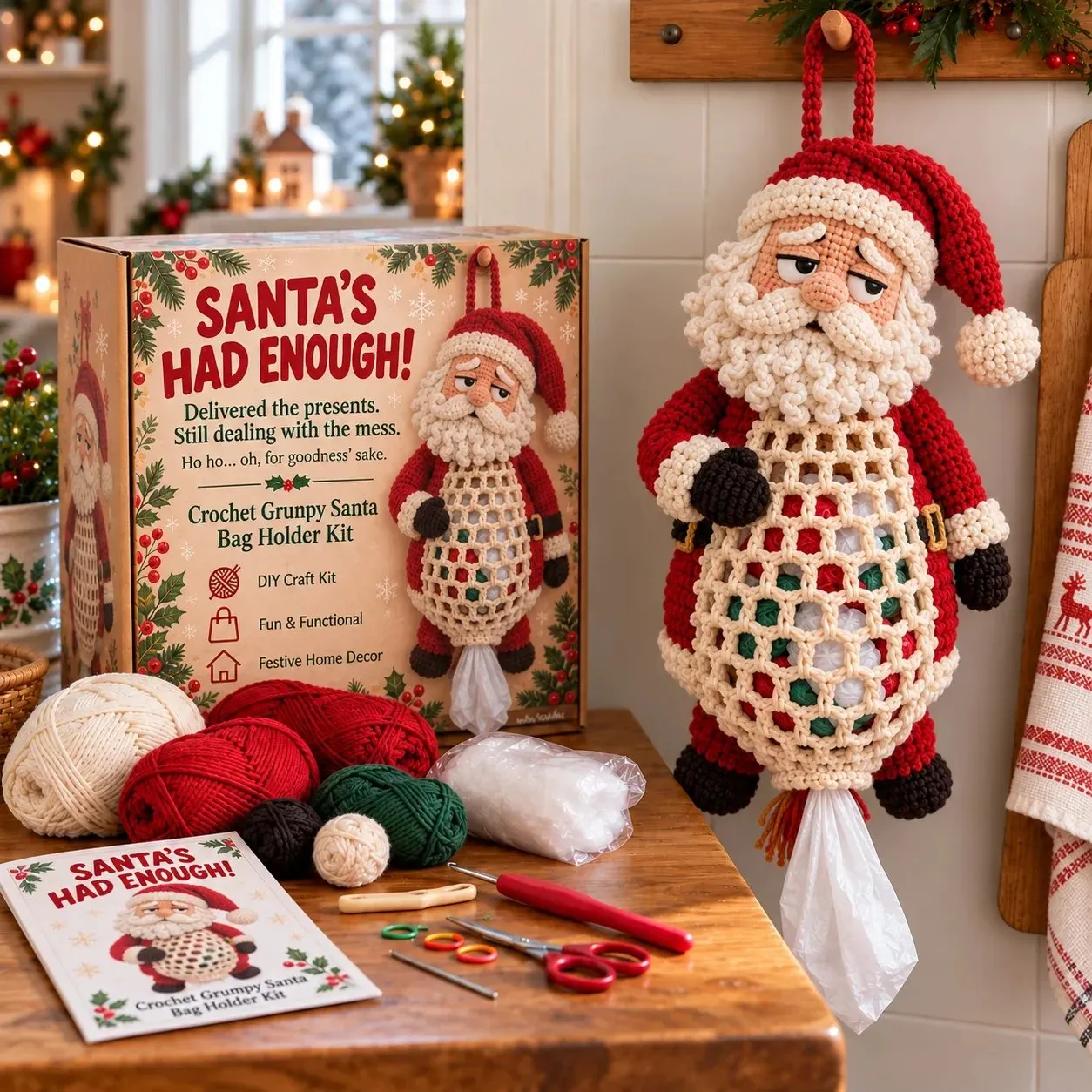 Santa Claus Christmas crochet bag holder kit and finished character