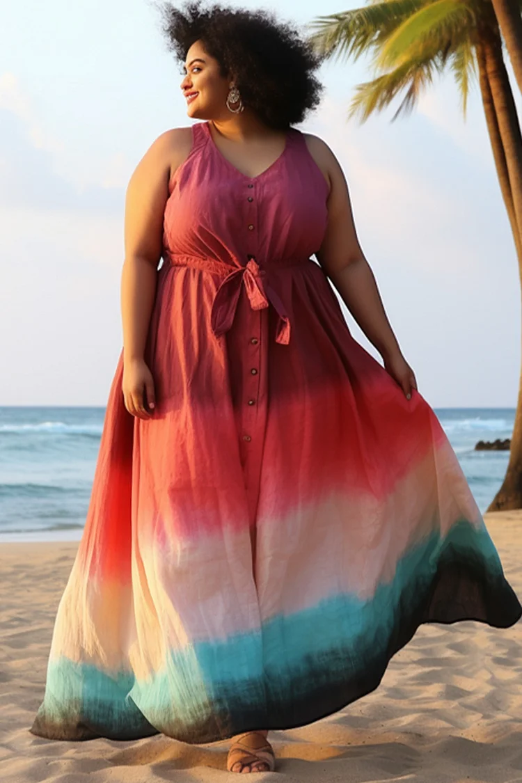 Flycurvy Plus Size Vacation Burgundy Ombre Cotton And Linen Sleeveless Maxi Dress  Flycurvy [product_label]