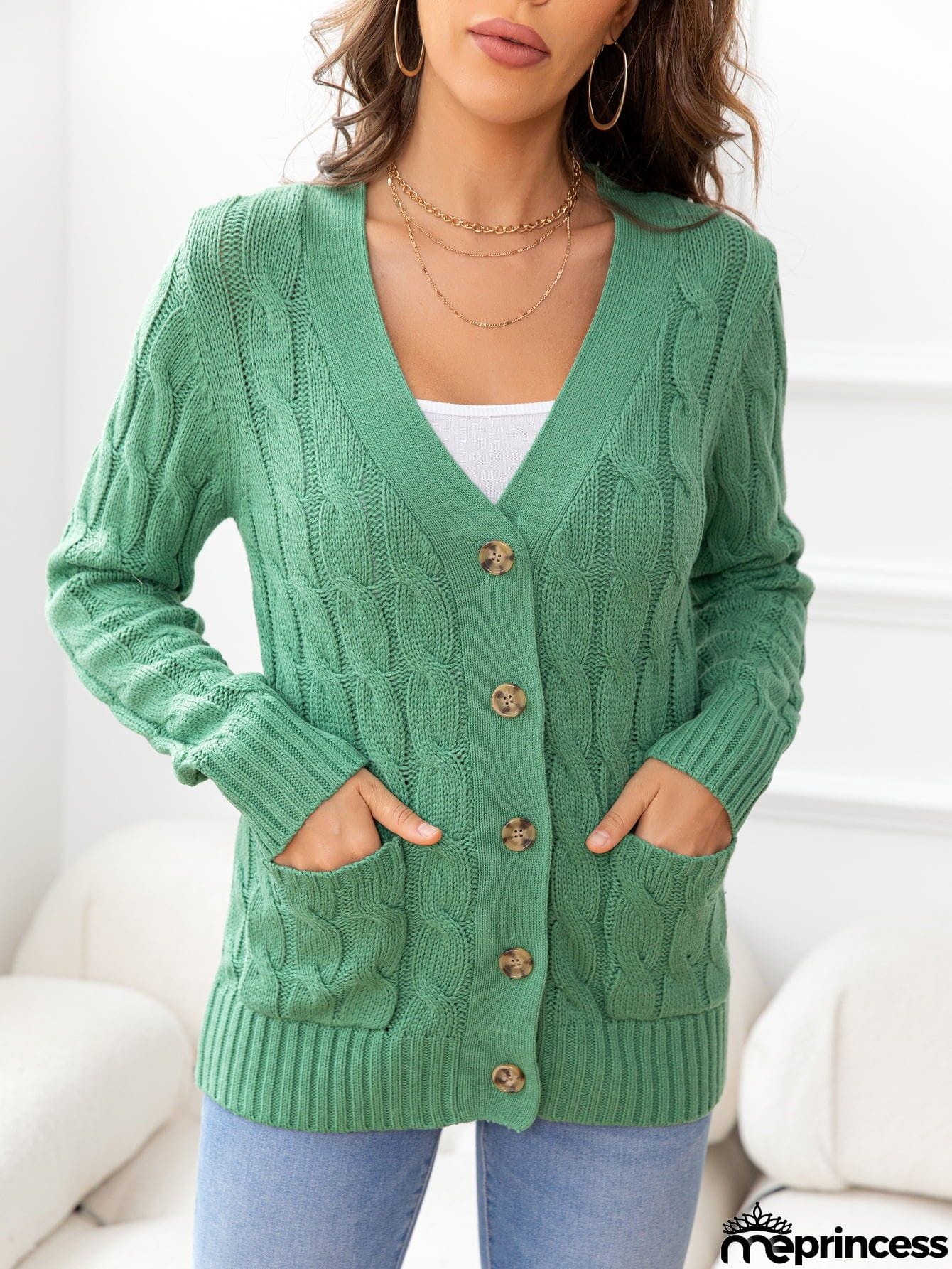 Button Down Cable-Knit Cardigan