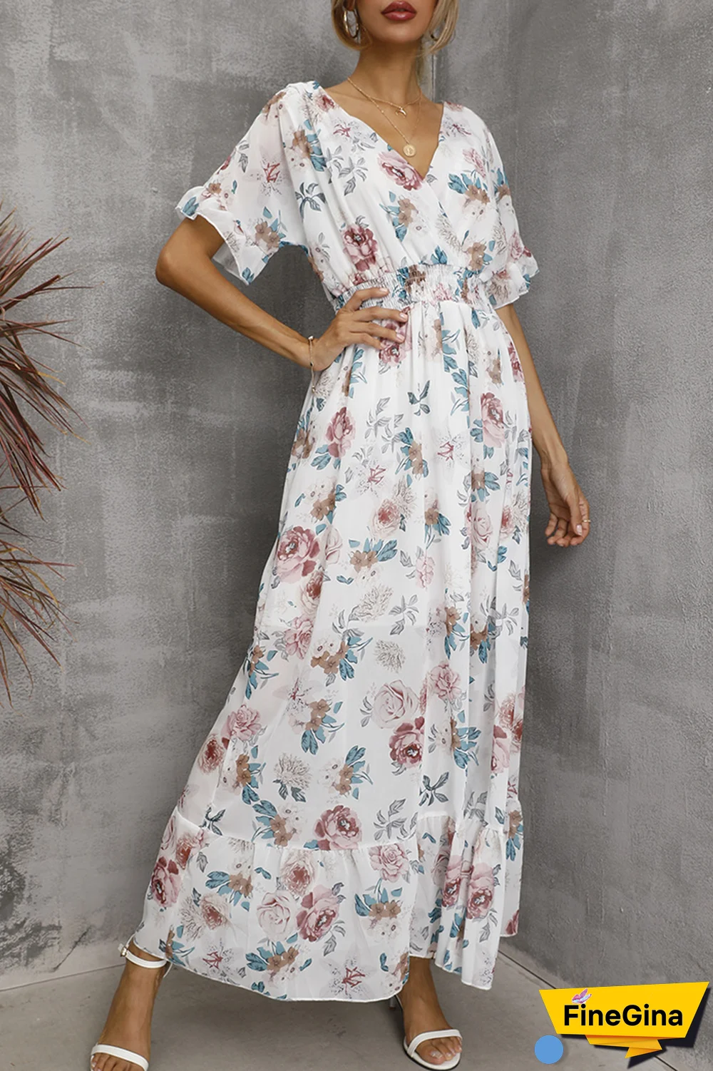 Elegant Floral Split Joint Flounce V Neck Waist Skirt Dresses(4 Colors)