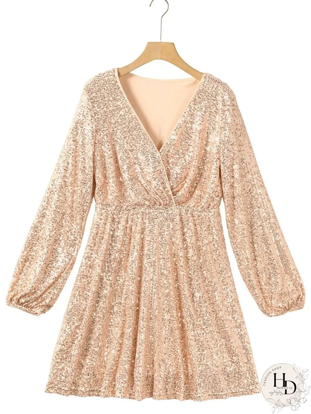Shimmering Apricot V-neck Sequin Mini Dress