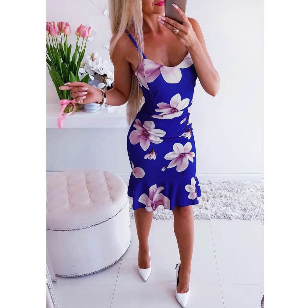 Women Floral Print Strappy Midi Party Dress Ladies Slim Bandage Bodycon Summer Holiday Side Suspender Dress Sundress