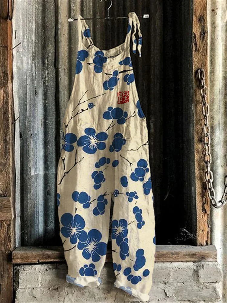 Comstylish Cherry Blossom Japanese Lino Art Jumpsuit
