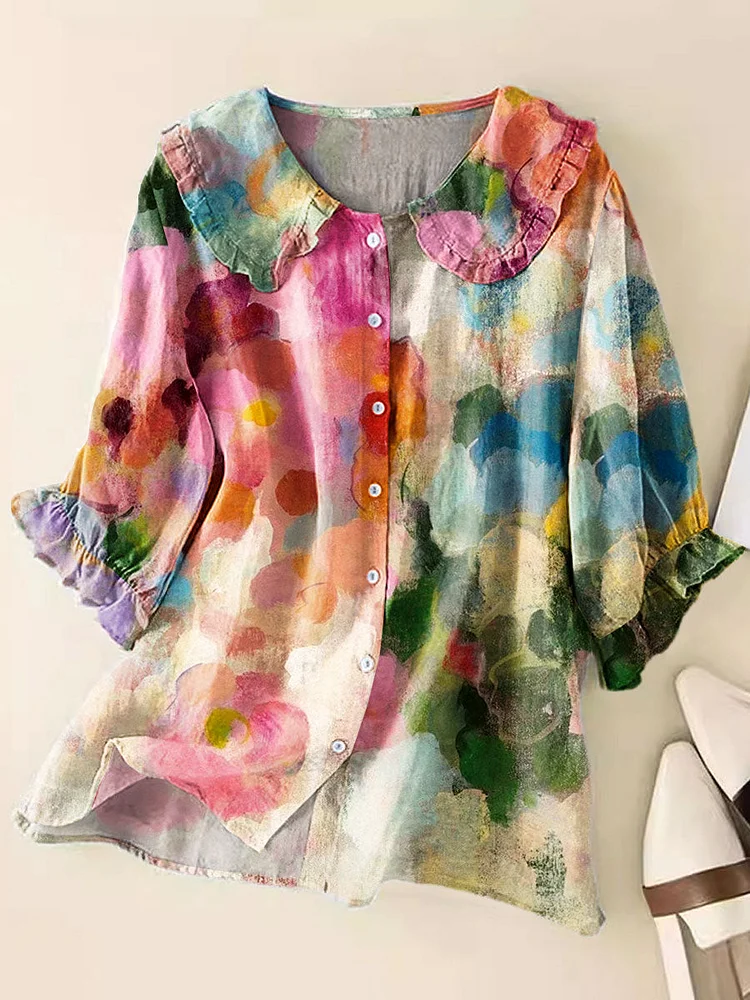 Women Vintage Floral Art Print Peter Pan Collar Half Sleeve Blouses