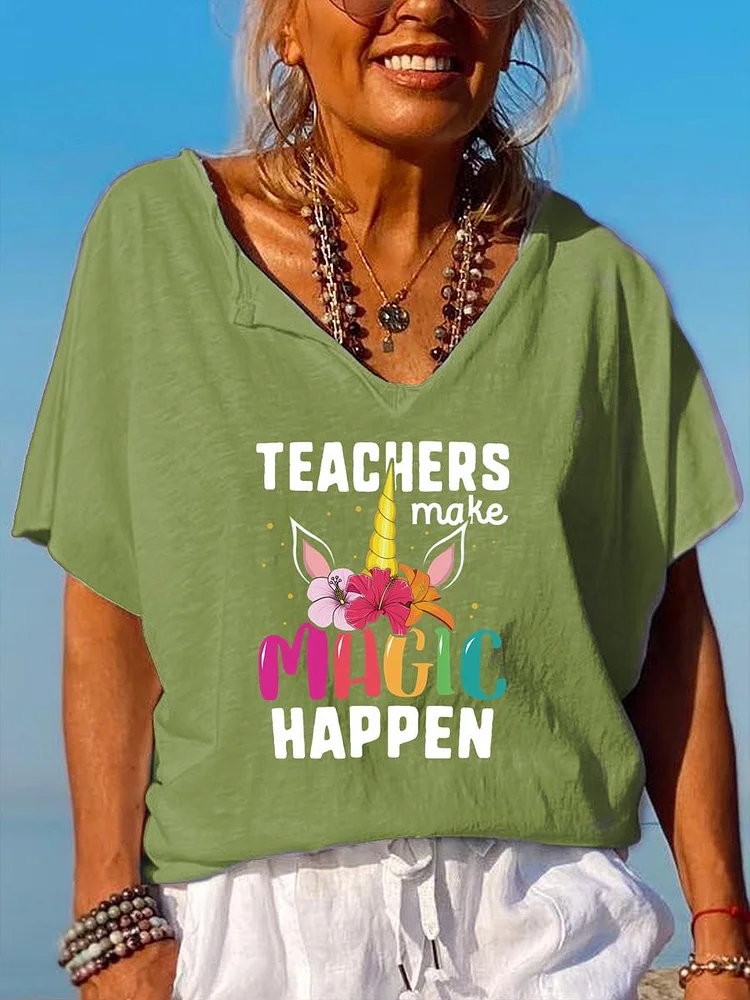 Teachers Make Magic Happen Back to School V Neck T-shirt-06604-Annaletters