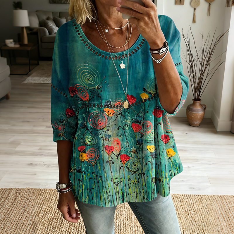 Women's Vintage Floral Pattern Art Print Flowy Linen Blend  Three-quarter Sleeve Round Neck Linen Tops elevenforest