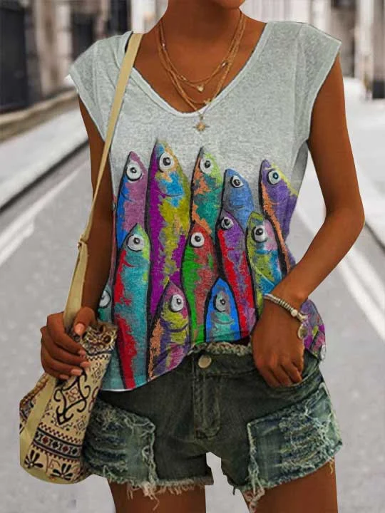 Women's Casual Japanese Art Ocean Fish Print Vest