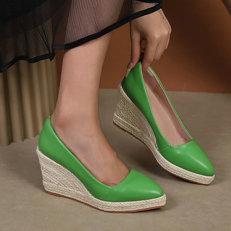 Wongn Wongn And Autumn Slope With Thick Bottom High Heel Pointed Shallow Single Shoes Women Grass Hemp Rope Bottom