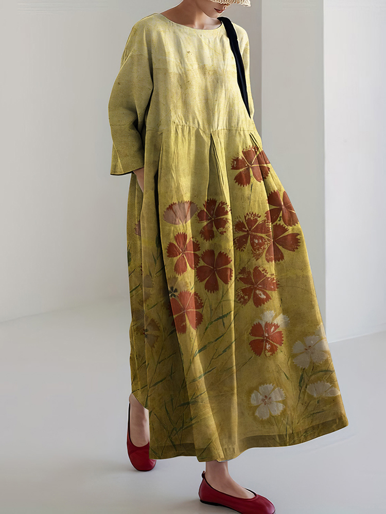 Comstylish Japanese Art Flower Print Long Sleeve Casual Midi Dress