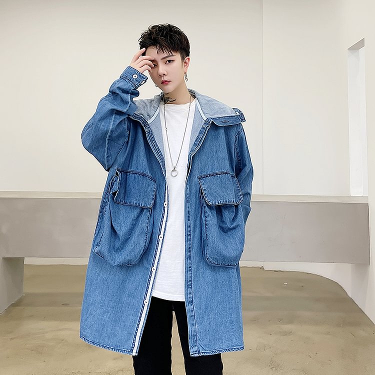 Dawfashion-Oversize Denim Hooded Jacket with Loose Big Pockets-Yamamoto Diablo Clothing