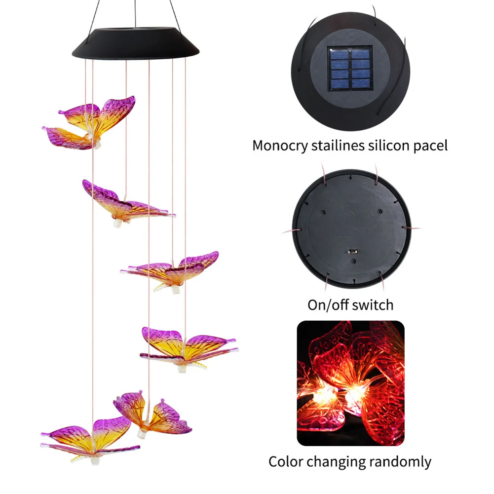 LED Solar Wind Chime Butterfly Light Color Changing IP65 Hanging Lamp (B)