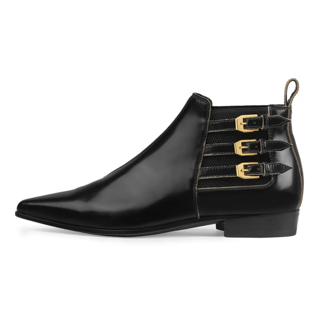 Black Pointed Toe Flat Triple Strap Buckle Short Boots for Women