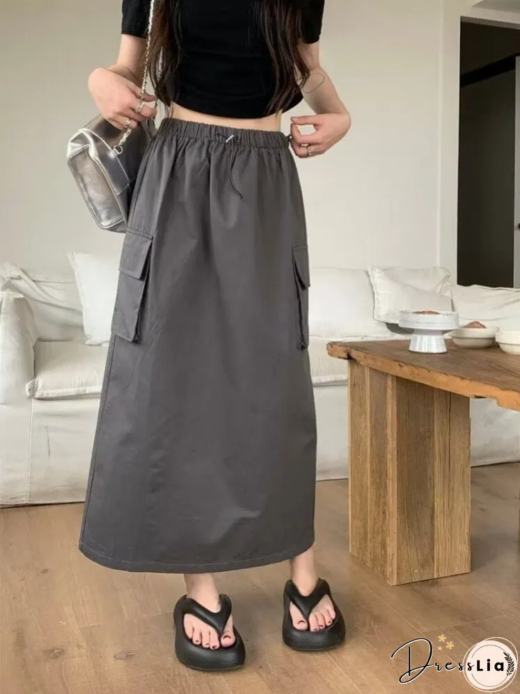 Joskka Long Cargo Skirt Women Korean Casual Split Drawstring Elastic Waist Pocket
