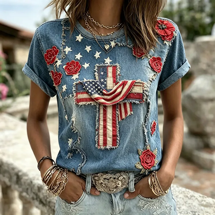 Women's Retro Independence Day Faith Cross With Flag Patchwork T-shirt