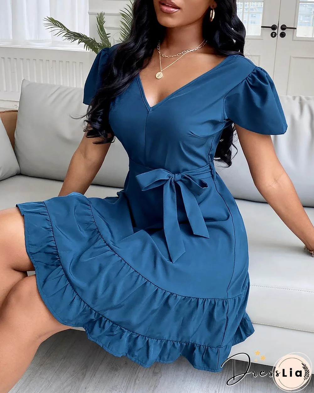 Solid V-Neck Shirred Back Ruffle Hem Belted Dress