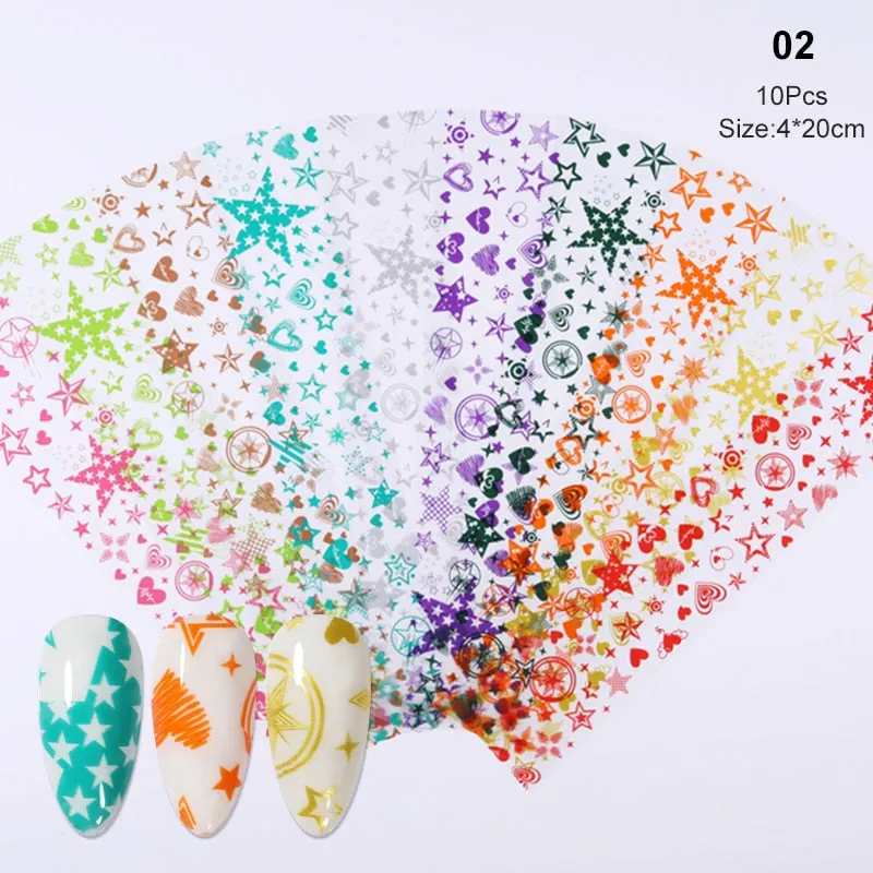 10Pcs/Set Colorful Nail Foil Stickers Mirror iridescent Effect Stickers Nail Art Transfer Foils Manicures Slider Decorations