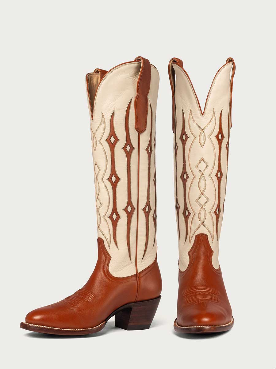 Brown Vegan Leather Round Toe Patch-Work Knee-High Western Boots