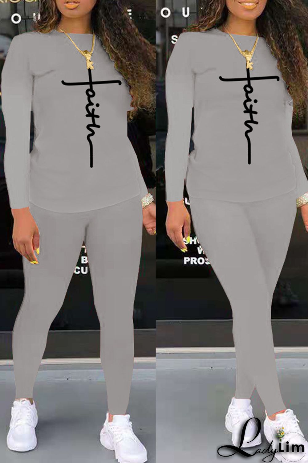 Grey Fashion Casual Print Basic O Neck Long Sleeve Two Pieces