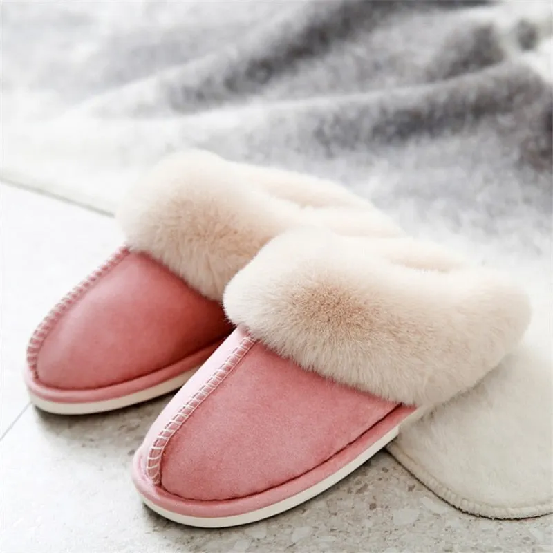 JIANBUDAN Plush warm Home flat slippers Flock soft comfortable winter slippers Men's Women's cotton shoes Indoor plush slippers