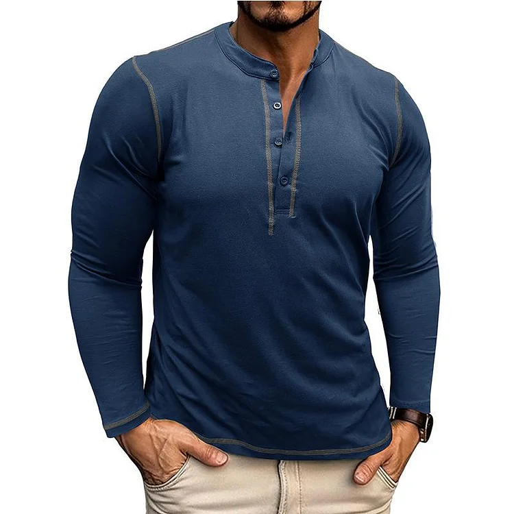 Men's Vintage Contrast Henley Collar Slim Fit Long Sleeve T-Shirt