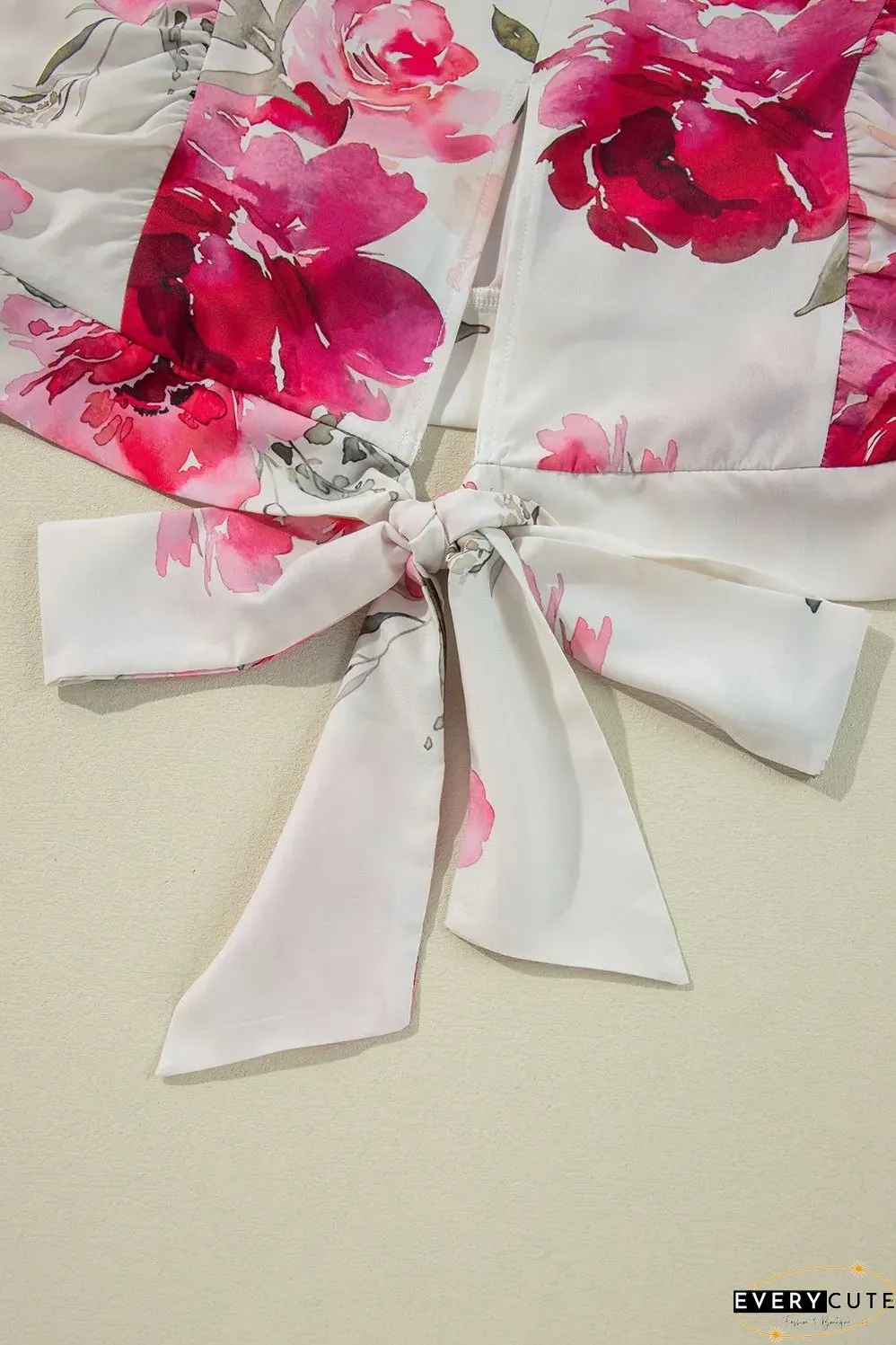 Tied Floral Round Neck Three-Quarter Sleeve Blouse