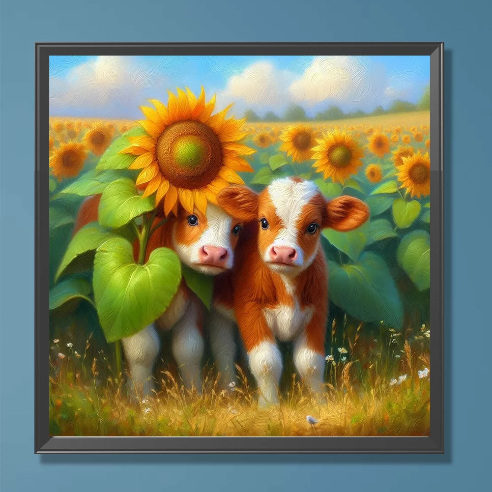 Diamond Painting - Full Round Drill - Sunflower Field Two Cows(Canvas|30*30cm)