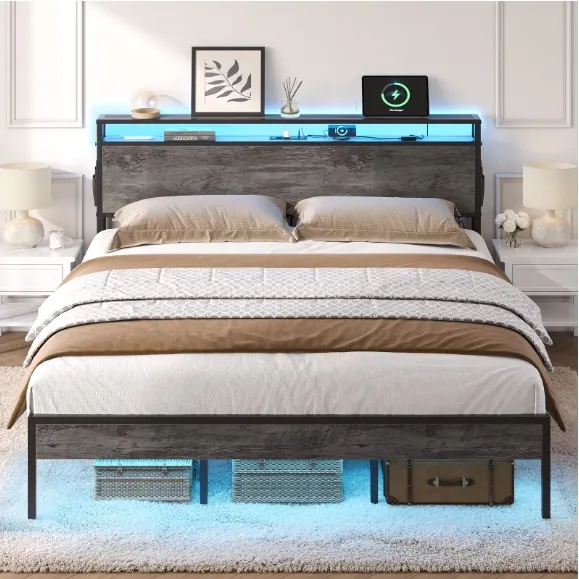 Bestier BedFrame With Charging Station And LED Strips, Industrial Metal Platform Bed with Storage Headboard