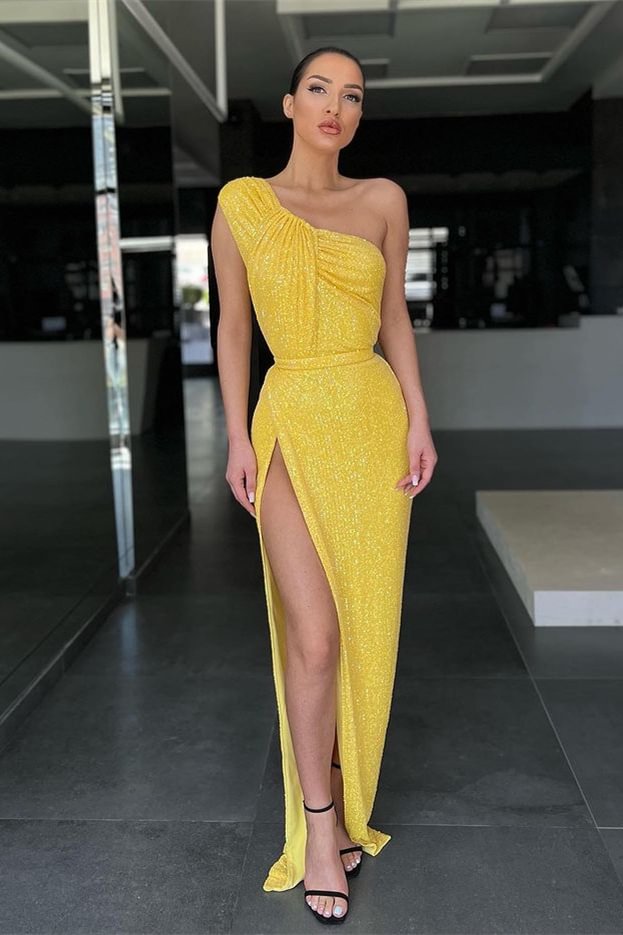 Yellow Sequins Mermaid One-Shoulder Evening Dress Split | Ballbellas Ballbellas