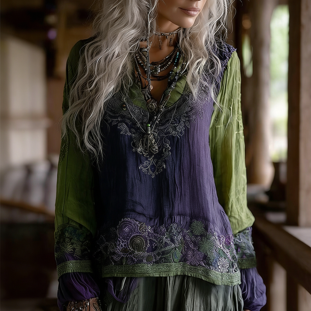 Linen Bohemian Embroidered Top Women's Loose Long Sleeve Peasant Blouse Ethnic Vintage Style Summer Casual Shirt - Helixace