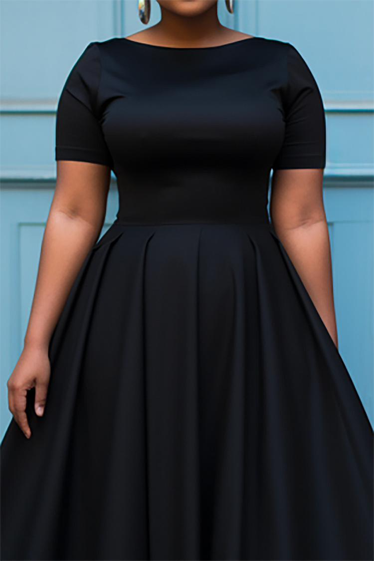 Xpluswear Design Plus Size Semi Formal Black Round Neck Short Sleeve Midi Dresses
