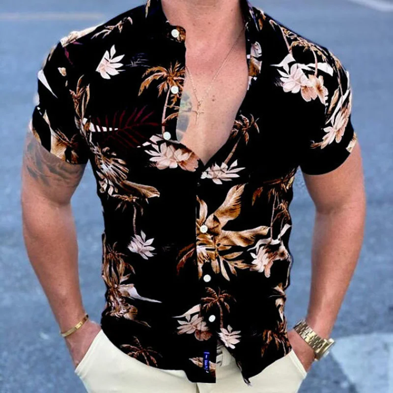 Hawaiian Flower Printed Summer Short Sleeve Men's Shirts-VESSFUL