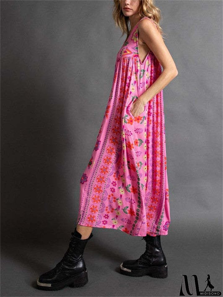MidiSono - Women's Sleeveless Oversize Vintage Print Wide Leg Jumpsuit