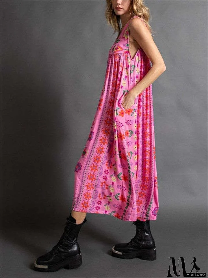 MidiSono - Women's Sleeveless Oversize Vintage Print Wide Leg Jumpsuit