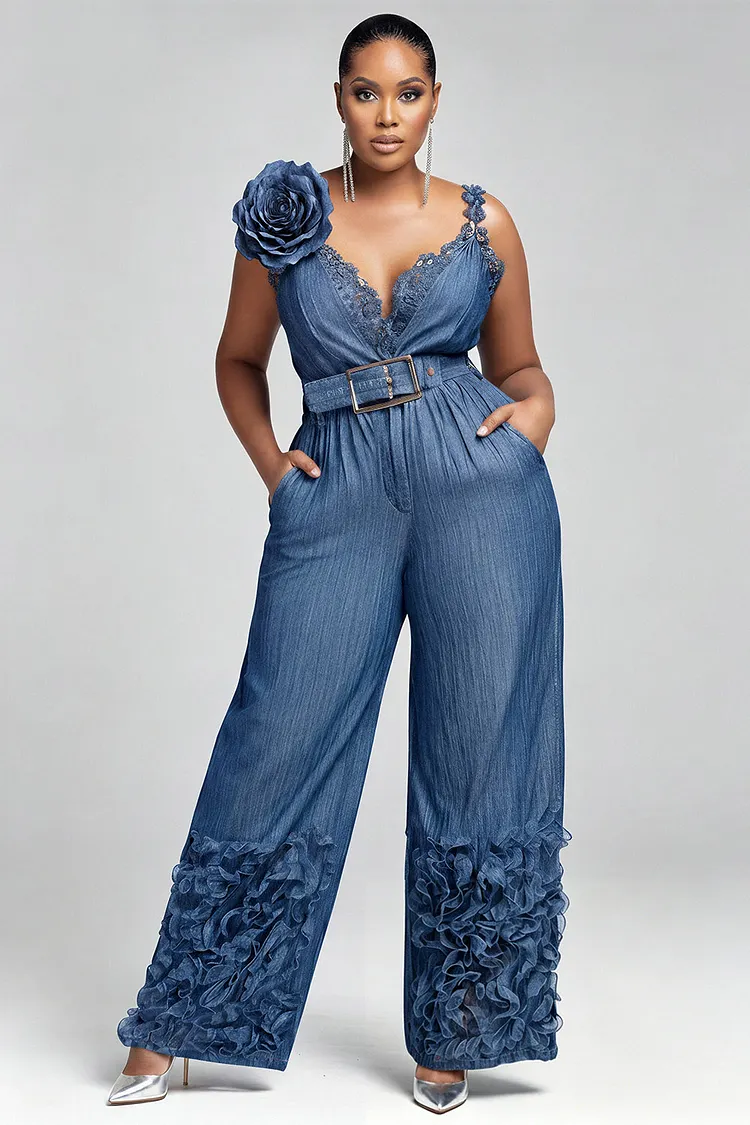 Xpluswear Design Plus Size Party Blue V Neck 3D Pocket Tencel Denim Jumpsuits [Pre-Order] 2024 - Xpluswear