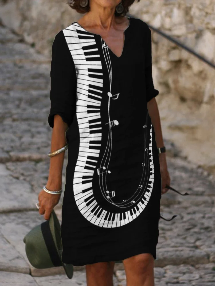 Music Notes Piano Keys Notch Neck Midi Dress