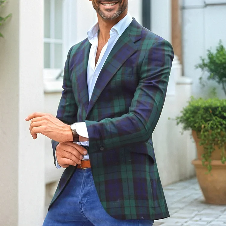 Okaywear Classic Plaid Notch Lapel Casual Slim Fit Two Button Blazer Okaywear