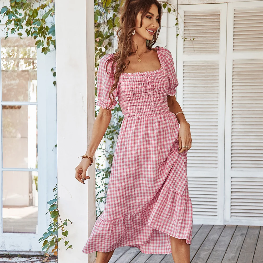 Fashion Plaid French Square Neck Dress