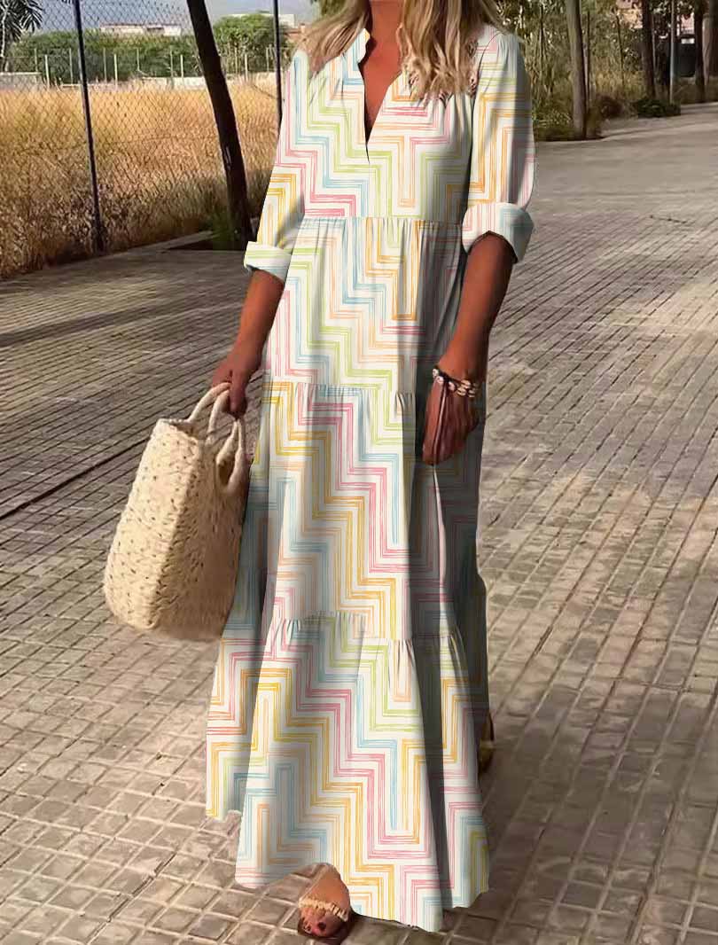 Women Geometric,Colorful DZDN0278 SPU Printed Long Sleeve V-neck Maxi Dress