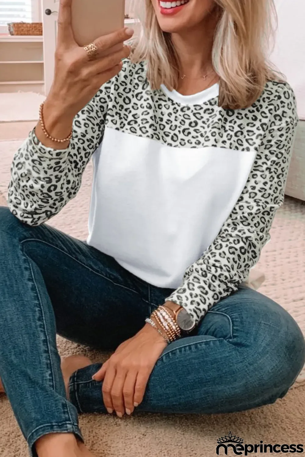 Leopard Stitching Long Sleeve Top