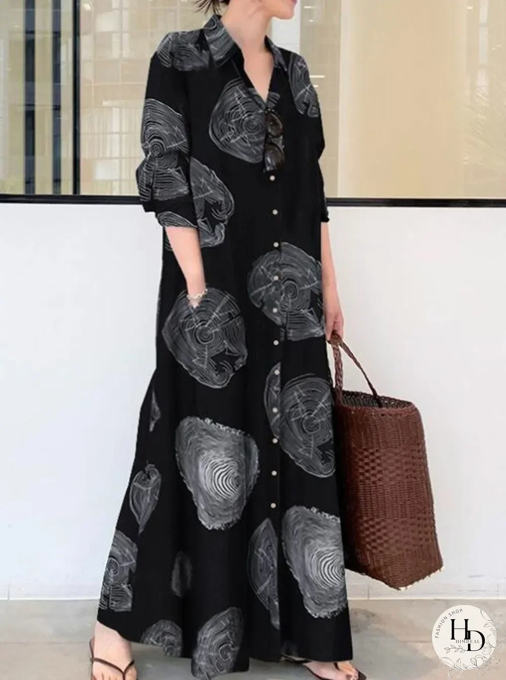 Fashion Print Lapel Long Sleeve Casual Maxi Dress Black Dresses