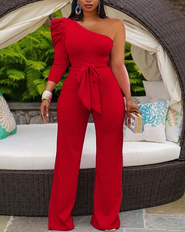 Slim fit solid color stitching slanted shoulders sexy jumpsuit QueenFunky