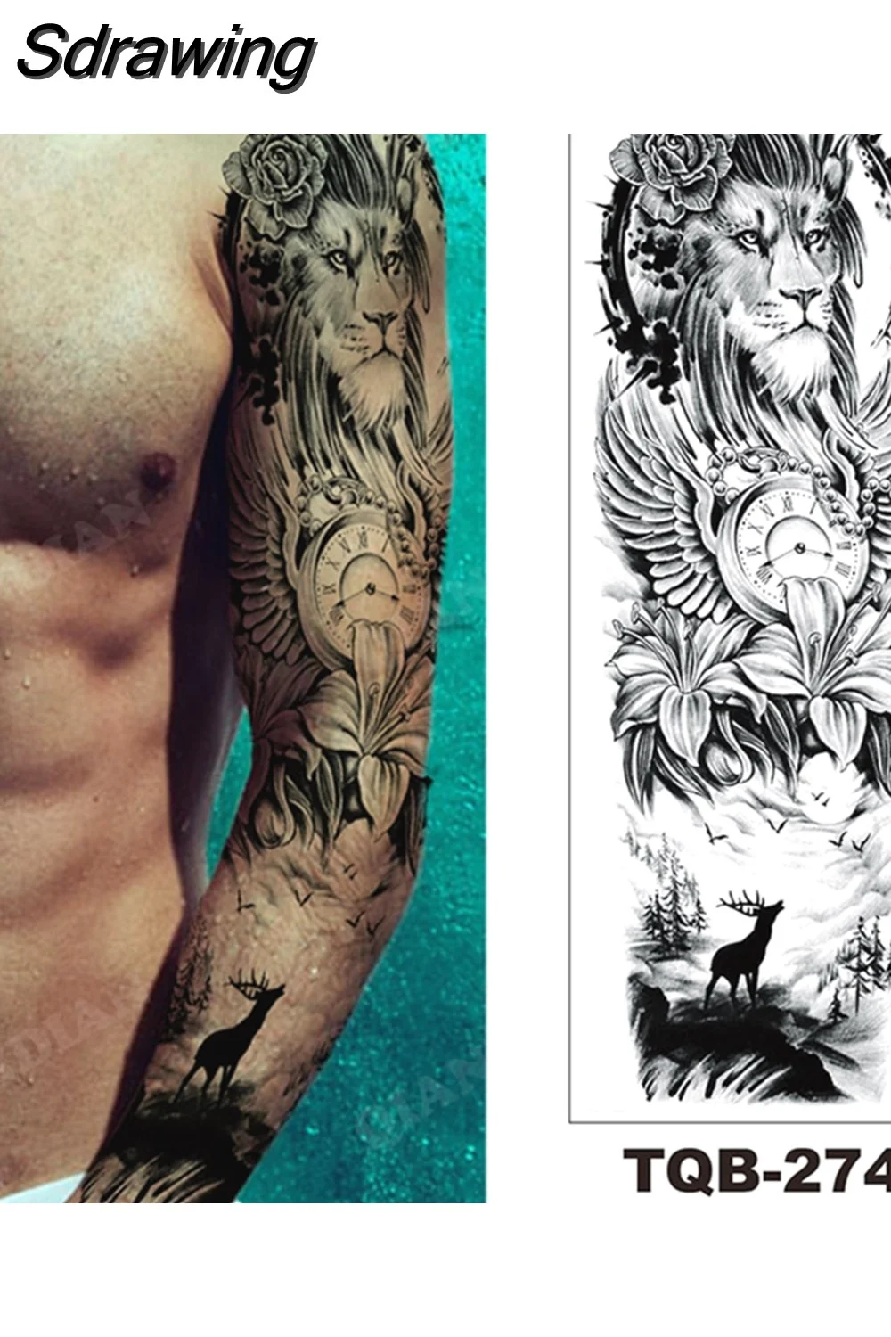 Sdrawing Arm Temporary Tattoo Wolf Lion Fish Horns Geometric Man Body Leg Rose Flower Phoenix Waterproof Sticker Cool Women Tatoo 715-0