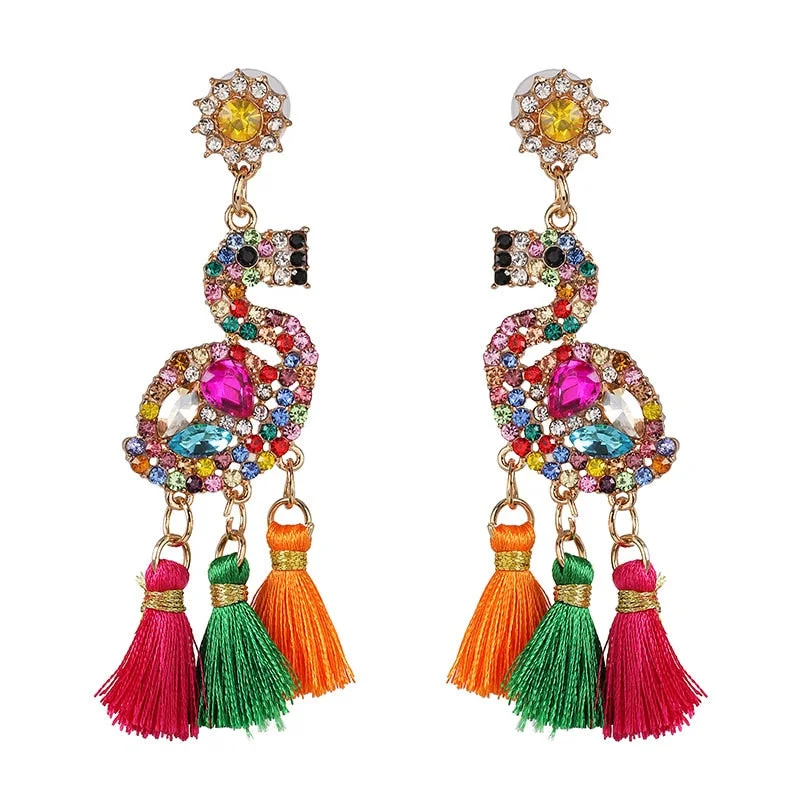 Dvacaman Bohemian Cute Fashion Animal Parrot Bird Drop Earrings Women Shiny Rhinestone Fringed Statement Tassel Earrings Jewelry
