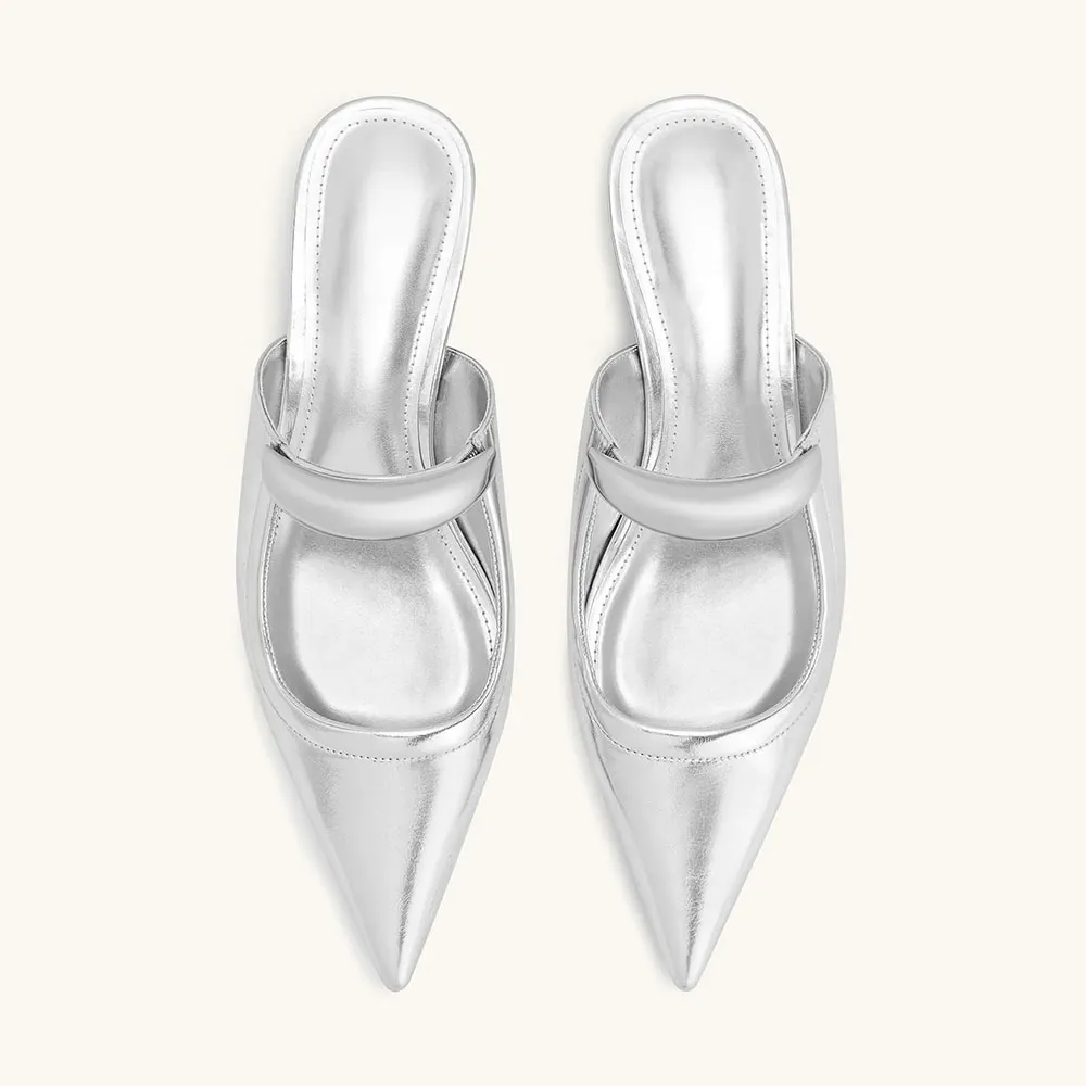 Chic Silver Metallic Cylinder Heel Slip On Metal Strap Pointy Toe Mules