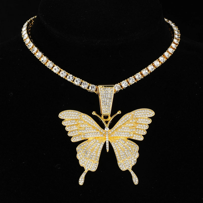 Hip-hop Butterfly Stainless Steel Alloy Inlay Rhinestones Women’s Pendant Necklace