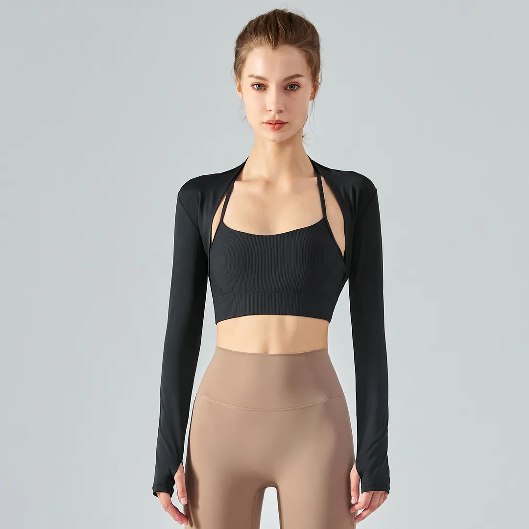 Buy Black long sleeve crop sunscreen waistcoat thin running jacket with thumb holes of high quality on Hergymclothing